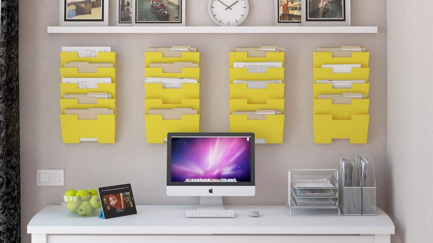 Wallniture Lisbon Metal Wall File Holder Organizer, 5-Tier Yellow Office Decor and Magazine Holder, File Folders Letter Size : Office Products