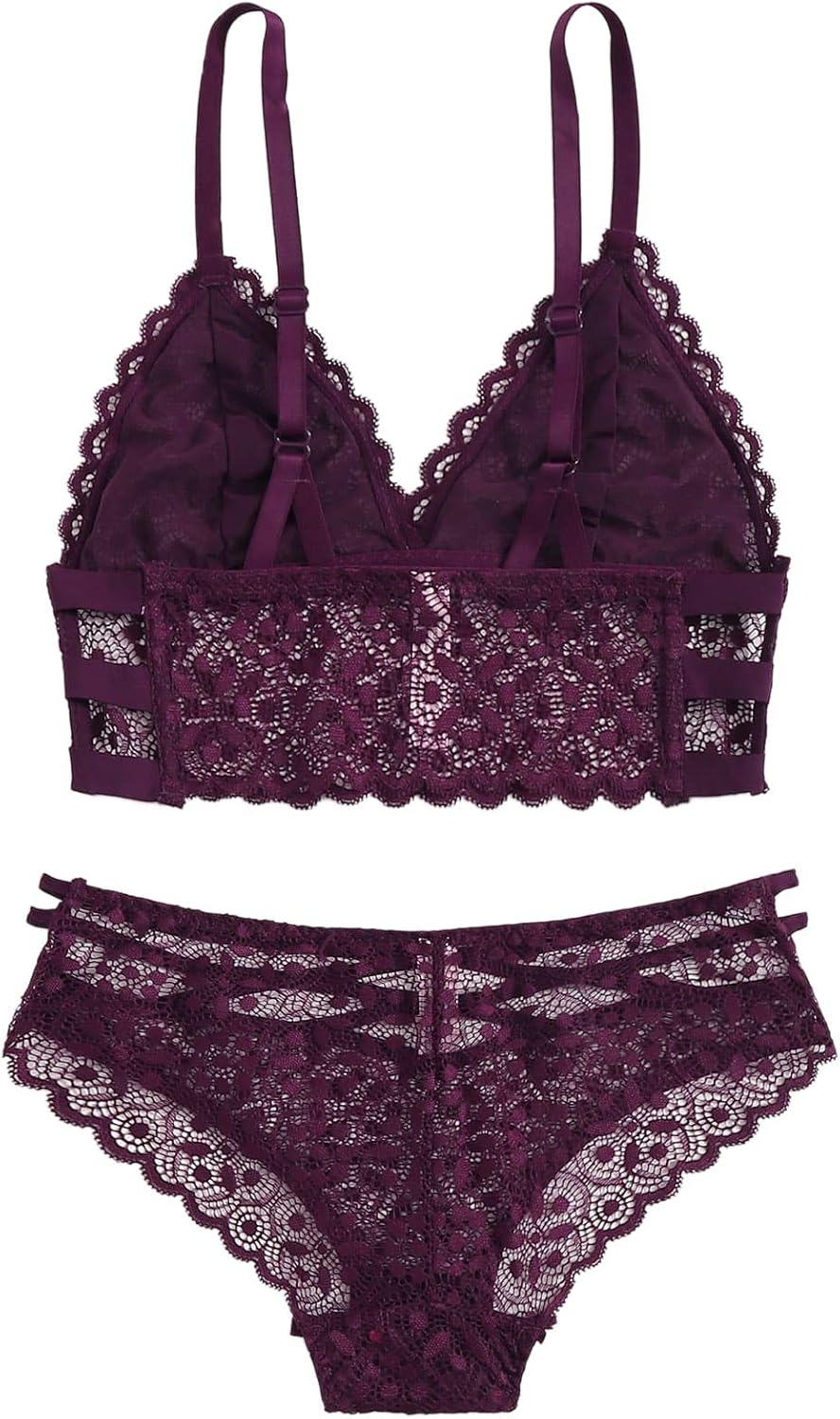 SweatyRocks Women's Bra and Panty Set Floral Lace Two Piece Bralette Lingerie Set: Clothing