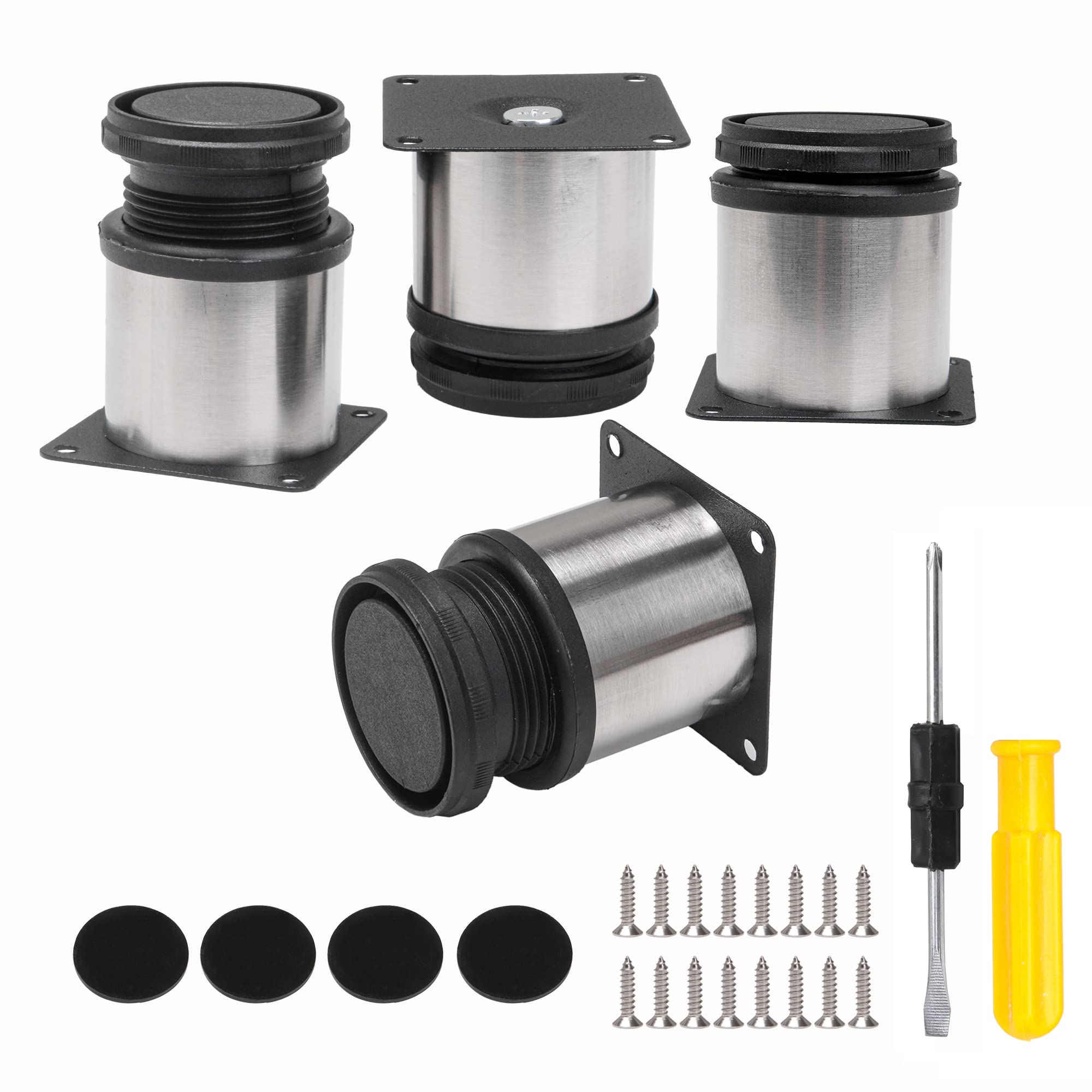 BQLZR N10370 Furniture Cabinet Metal Legs Adjustable Stainless Steel Kitchen Feet Round Black and Silver 50 x 60mm Pack of 4