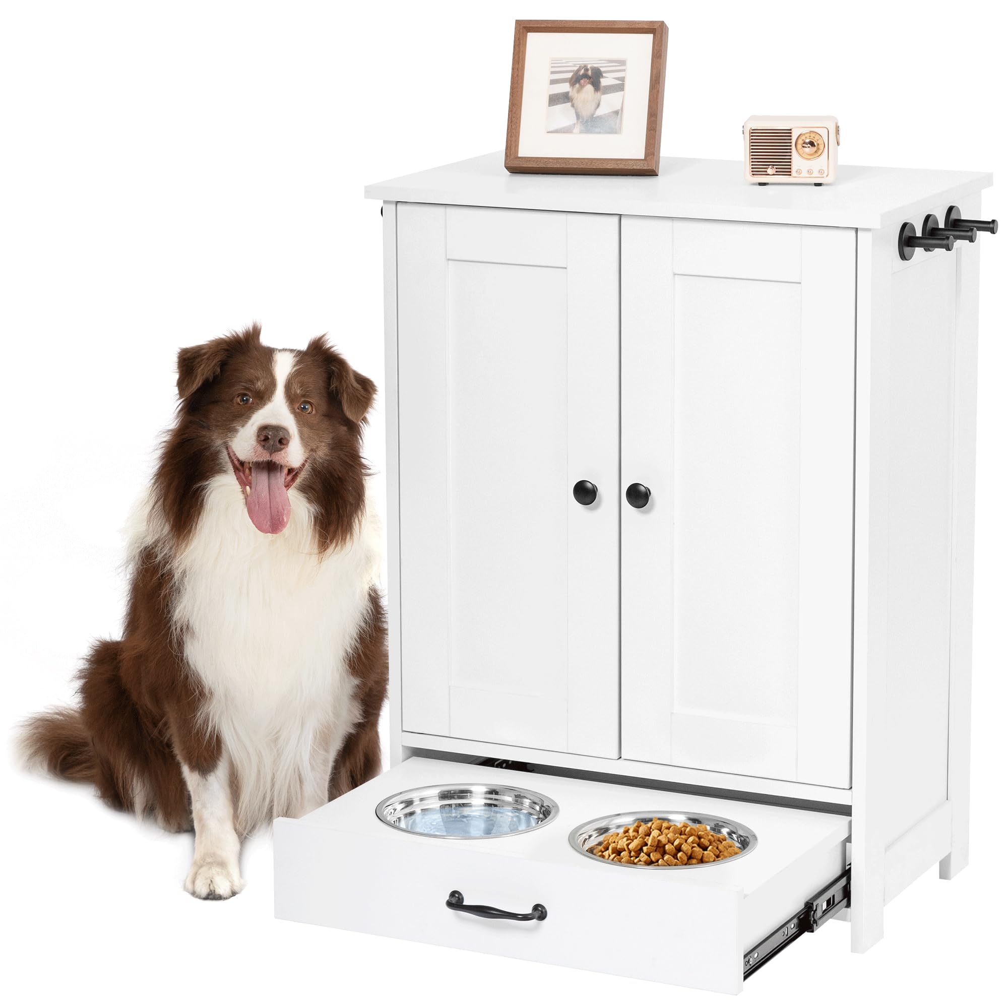 Photo 1 of ALINE FURNITURE Dog Feeding Station with Storage Cabinet and 2 Elevated Dog Bowls, Hidden Pet Feeder Station Wood, Dog & Cat Storage Organizer, White