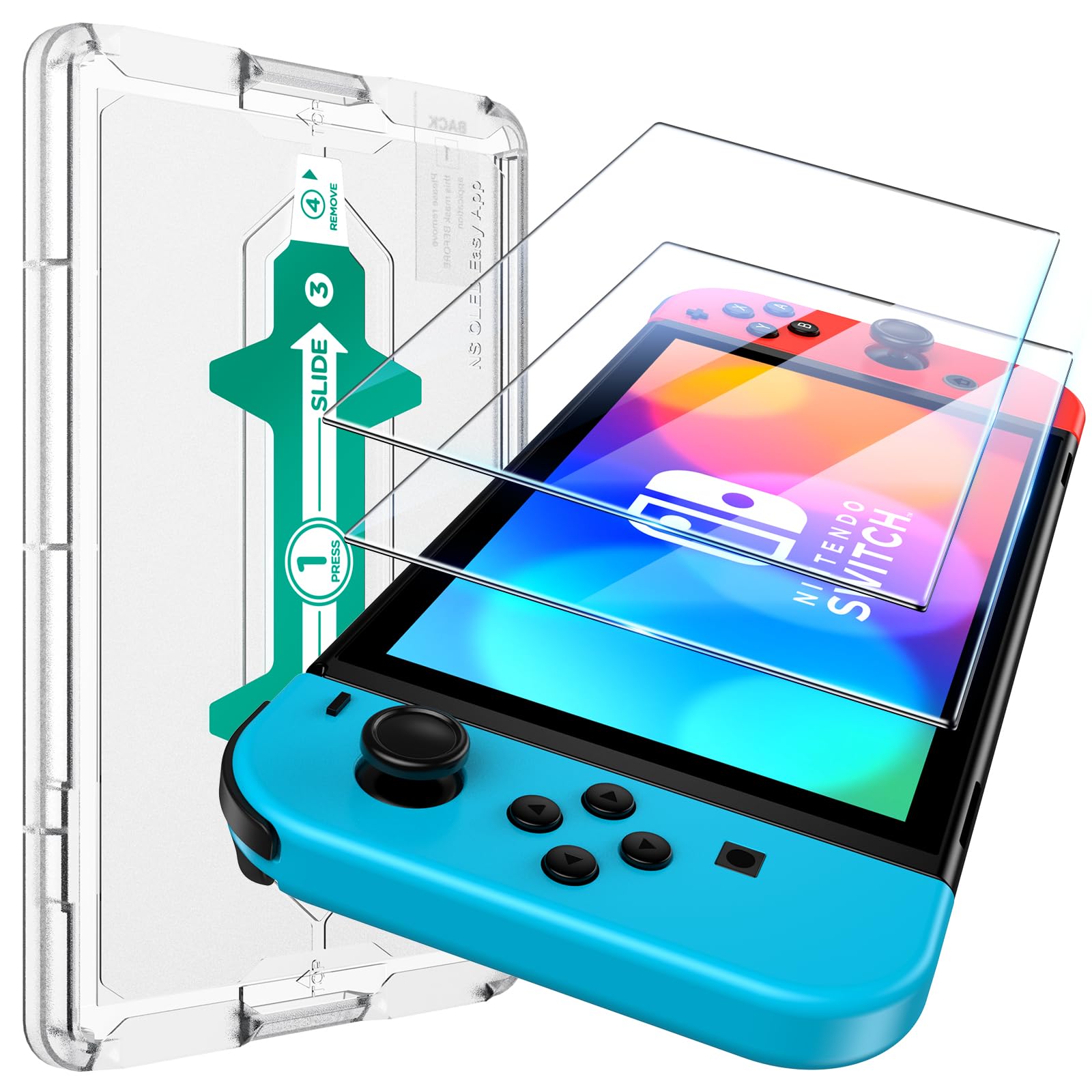 UniqueMe for Nintendo Switch OLED Screen Protector, [1 S Installation] OLED Model 2021& 2023 Military Grade Shatterproof 9H Tempered Glass for Switch OLED Screen Case Friendly - 2 Pack