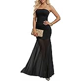 Curvphilo Double Lined Strapless Bodycon Maxi Dress for Women Mesh Modal Off Shoulder Formal Cocktail Party Outfits Dress
