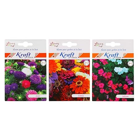 Kraft Seeds Balsam Tom Thumb Mix and Zinnia Mix and Aster Mix 3 in 1 Flower Seed Combo (Pack of 3)