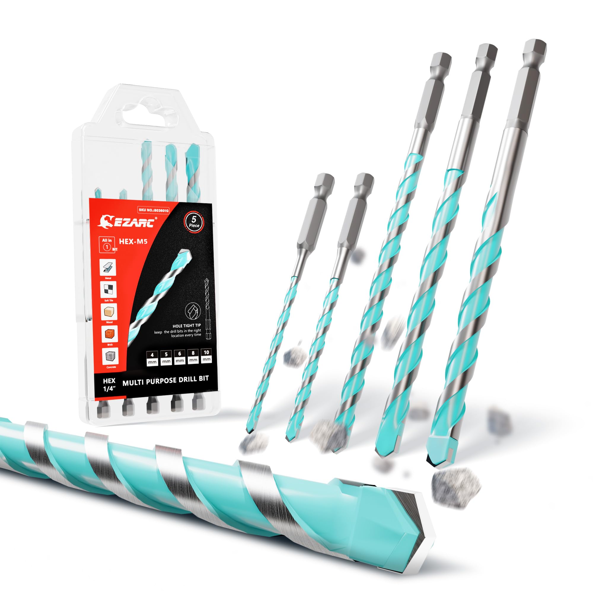 EZARC 5 Piece Carbide Tips Drill Bit Set Hex Shank for Metal, Block, Brick, Soft Tile, Wood, Plastic
