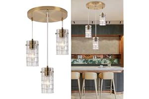 Cainjiazh Modern Glass Pendant Light, Copper Finish 3-Light Chandelier for Kitchen Island/Dining, Height Adjustable, E26 Sockets, Bulbs Not Included