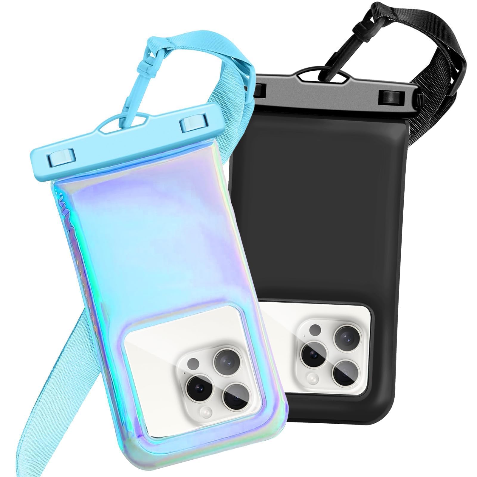 Foweroty Floatable Waterproof Phone Pouch Case 2 Pax for iPhone 17 16 Pro Max/15/14/13/12, IP68 Travel Cellphone Dry Bag Beach Cruise Ship Essentials Bags with Crossbody Lanyard,Blue and Black-7″