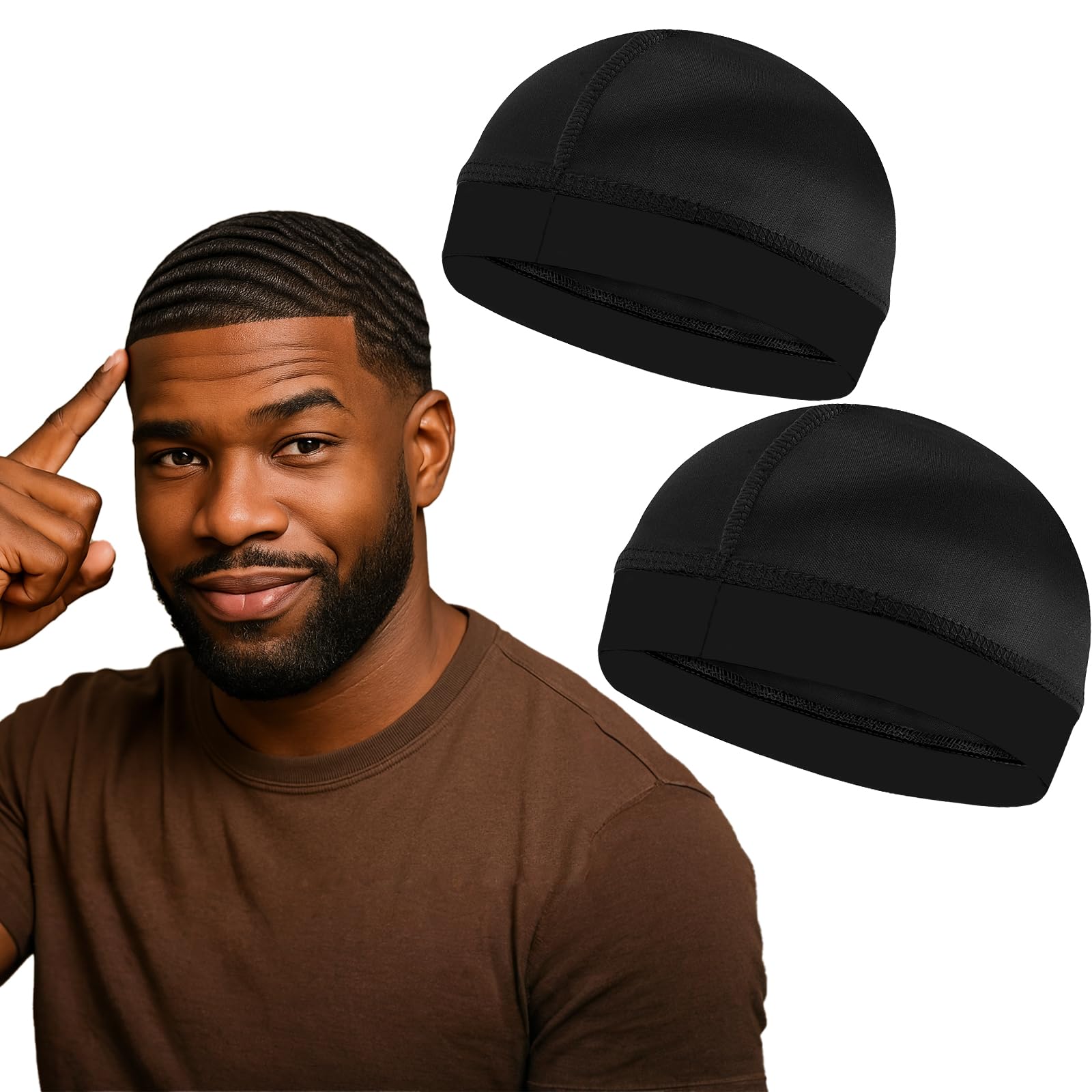 Photo 1 of 2PCS Silky Stocking Wave Cap for Men, Good Compression Over Durag (Black)