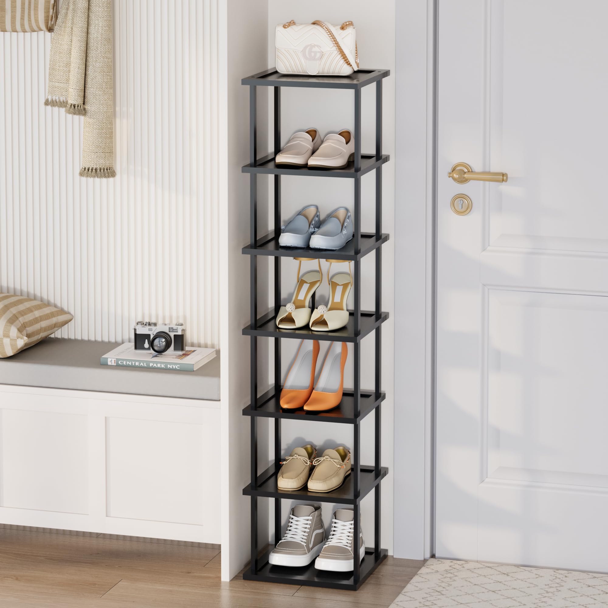 Photo 1 of Vertical Tall Shoe Rack Organizer for Entryway -7 Tier Free Standing Slim Narrow Bamboo Wood Corner Stackable Shoe Boots Storage Stand Small Spaces for Closet Garage Cloakroom Living Room (Black)