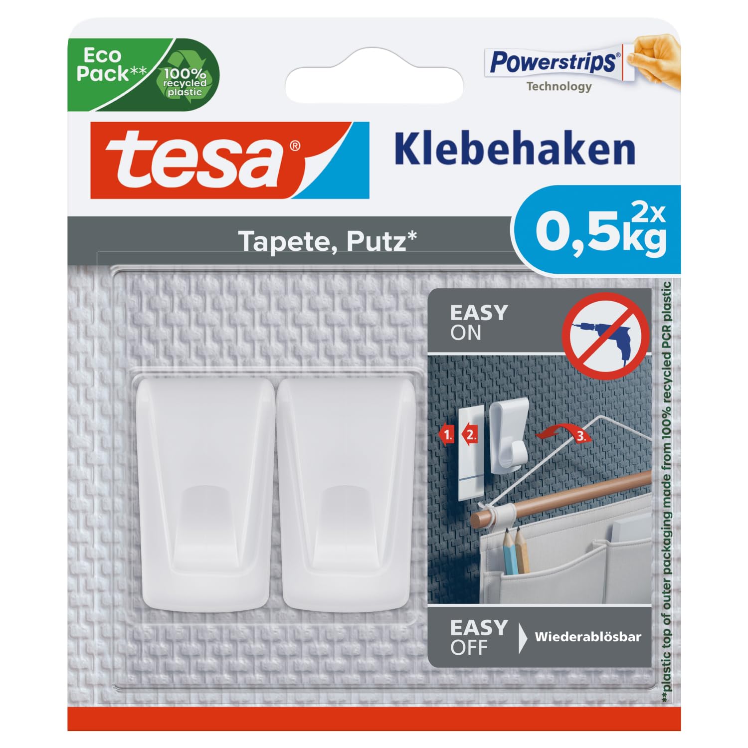 tesa UK 77780 Canvas Wallpaper & Plaster Adhesive Hooks Wallpaper & Plaster, Self-Adhesive, Ideal for Attaching Garlands & Fairy Lights, Holds up to 0.5 kg/Hooks Can Be Removed Without a Trace White