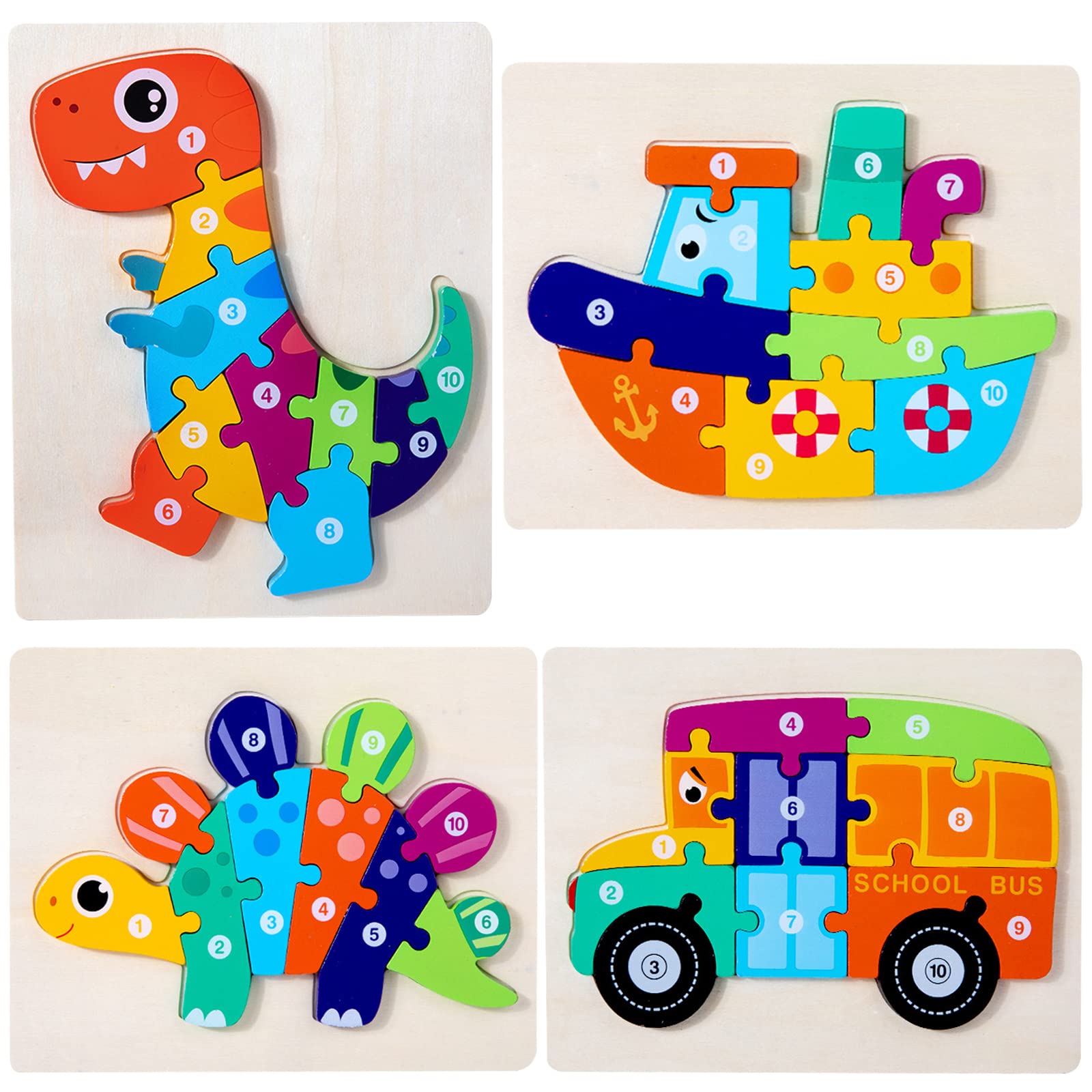 HUADADA Wooden Puzzles Dinosaur Animals Jigsaws puzzle Toys for 2 3 4 Year Old boy 4 Pack Shape Number Toddler Puzzles Toddler Toys Educational Games for Girls Boys Children
