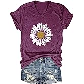 MQSVPUT Women's T-Shirts V-Neck Boho Flowers Wildflowers Tee Cute Summer Graphic Shirts Short Sleeve T Shirt