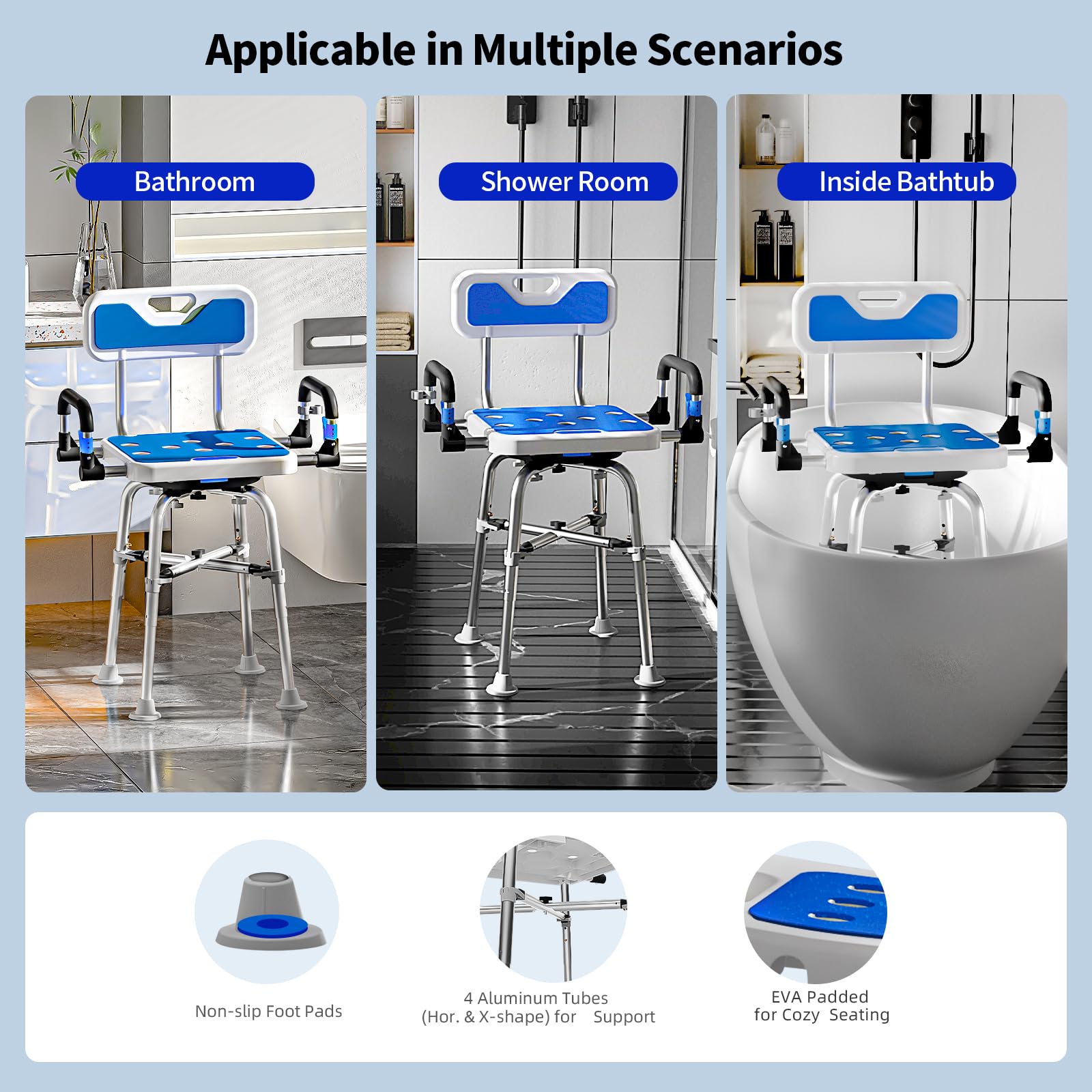 Swive Shower Chair with Arms and Back Heavy Duty 500 lbs for Seniors Elderly Disabled or Bariatric Adults Bench Seat for Inside Shower Stall and Bathroom Bath Tub Seats Adjustable Stool