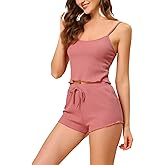 cheibear Womens Lounge Pajamas Summer Cami Tops with Shorts Sleepwear Knit Camisole PJ Sets