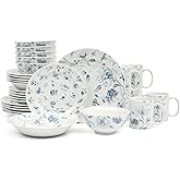 Martha Stewart Empress Bouquet 30 Piece Decorated Porcelain Chip and Scratch Resistant Dinnerware Plates and Bowls Set - Blue Floral