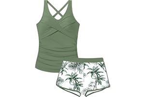 DONWEN Girls Tankini Swimsuits 2 Piece Criss Cross Ruched Swimwear Printed Swim Shorts Girl Bathing Suit for 9-16 Years
