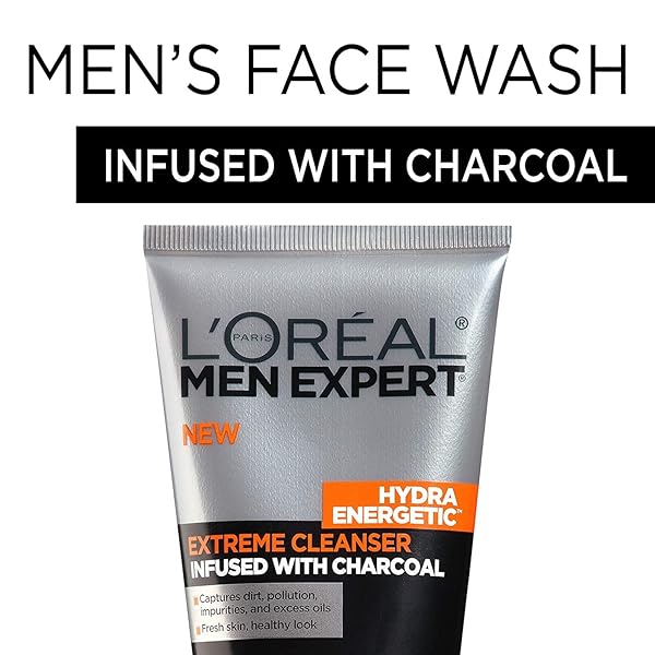 L’OREAL MEN EXPERT HYDRA ENERGETIC FACIAL CLEANSER WITH CHARCOAL FOR DAILY FACE WASHING, MENS FACE WASH, BEARD AND SKINCARE FOR MEN, 5 FL. OZ