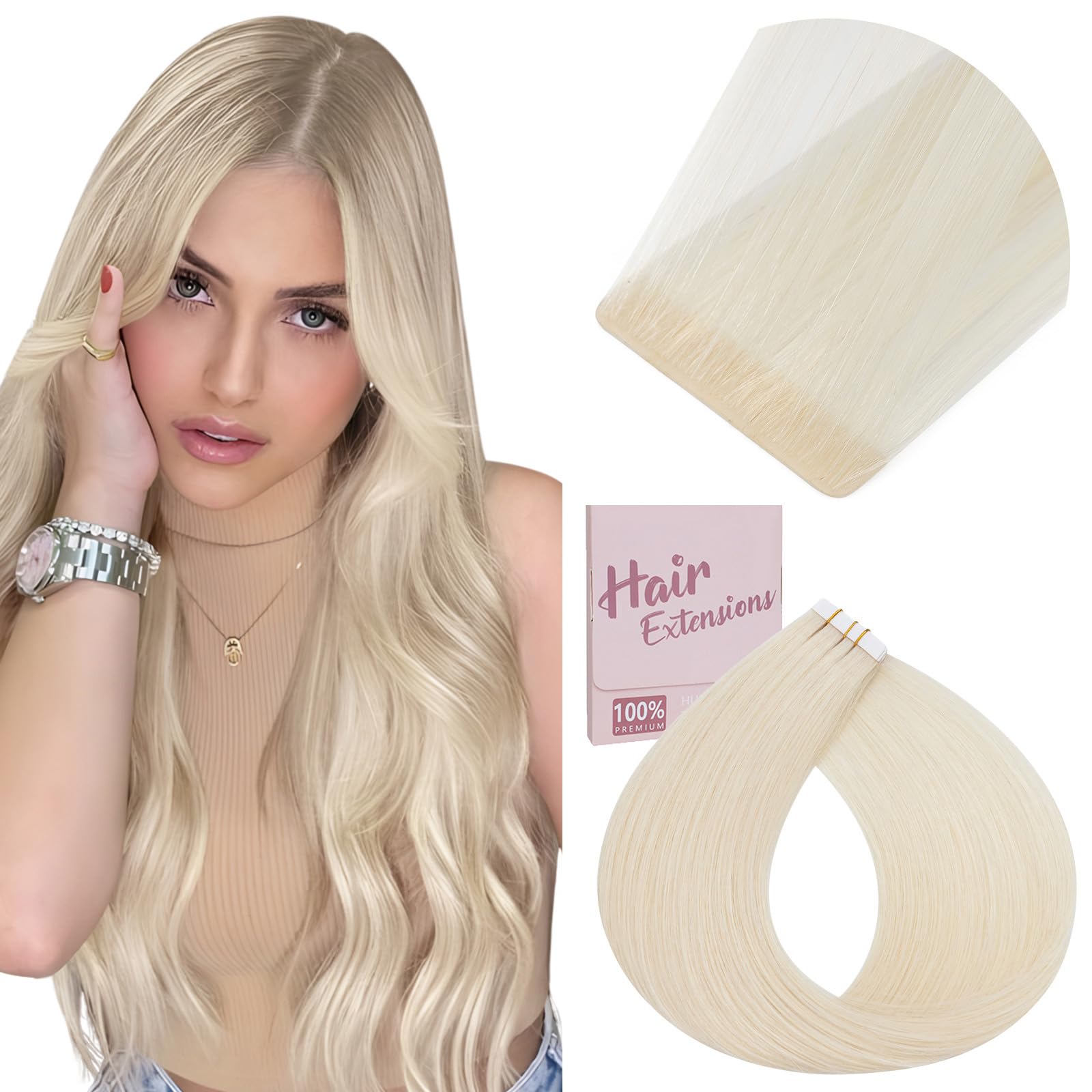 Elailite Injected Tape in Hair Extensions Human Hair - Invisible Skin Weft Remy Natural Real Hair Extension Straight 10 Pcs 20g - #60 Platinum Blonde - 12 Inch — image 1