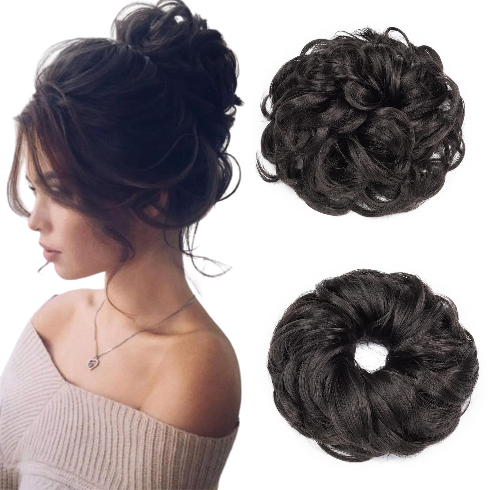 Cybelleza Messy Bun Hair Piece Wavy Curly Hair Scrunchies Thick Messy Hair Bun Updo Hairpiece Synthetic Ribbon Ponytail Extensions Donut Chignons Wavy Wig for Women Girls, 40g Natural Black