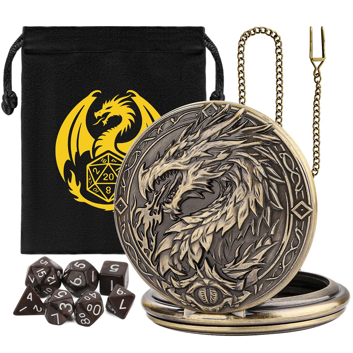 Mini DND Dice Set with Steampunk Dragon Large Pocket Watch Shell Case, 7-Piece Polyhedral Acrylic D&D Dice, DND Gift Bag with Dragon Logo, Role Play Board Game Accessories, Bronze + Brown