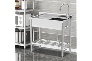 Stainless Steel Utility Sink, Free Standing Commercial Kitchen Sink Set w/Workbench Storage Shelf & Hot/Cold Faucet, Single B