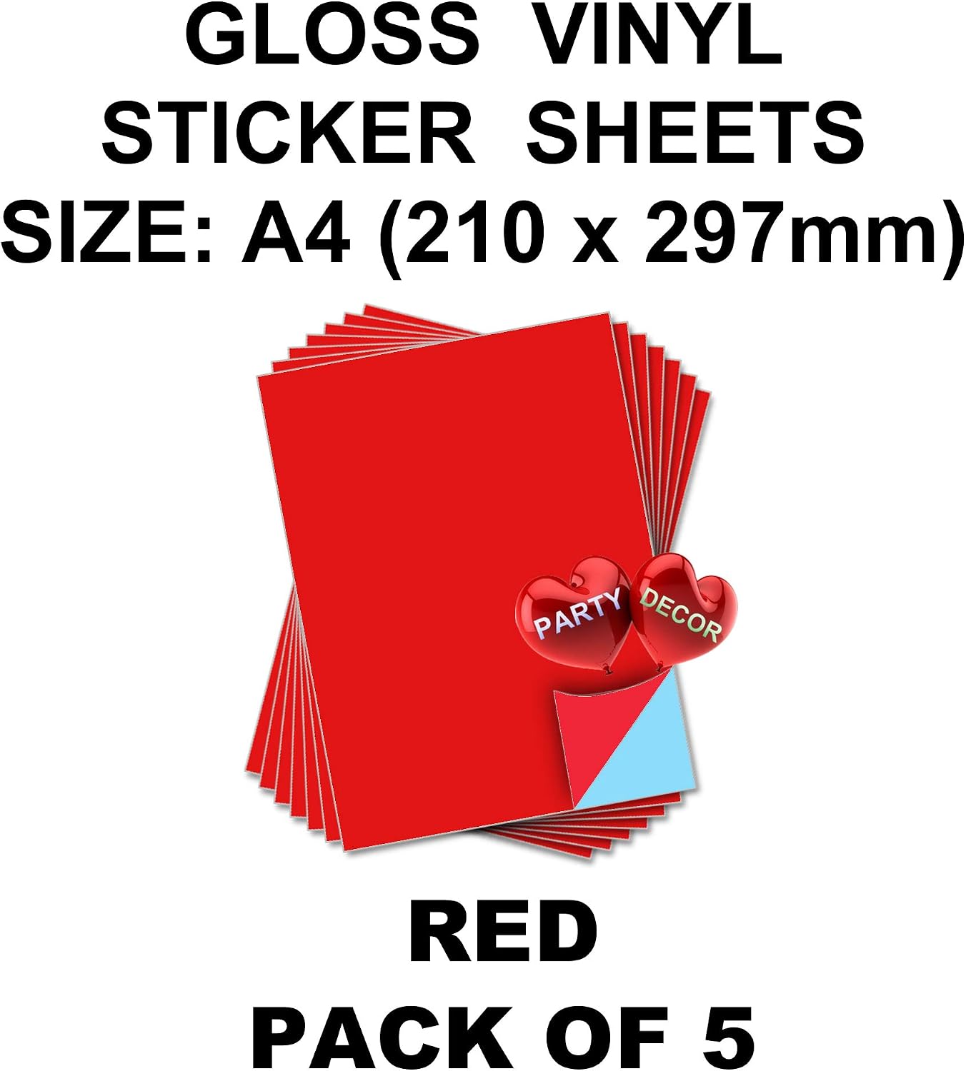 Red Self Adhesive Gloss Vinyl Sheet - A4 - Pack of 5 - Perfect for Hobby & Craft by PARTY DECOR, 210x297 mm - Image 3