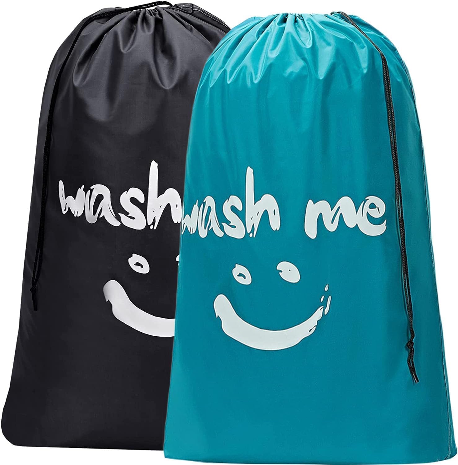 CJWLKJ 2-Pack XL Travel Laundry Bag, Machine Washable Dirty Clothes Organizer, Large Enough to Hold 4 Loads of Laundry, Easy Fit a Laundry Hamper or Basket (Black+Sky Blue)