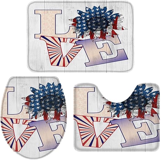 LaLa.R Badezimmerteppiche und -matten 3-teilig, Love Sunflower USA Flag