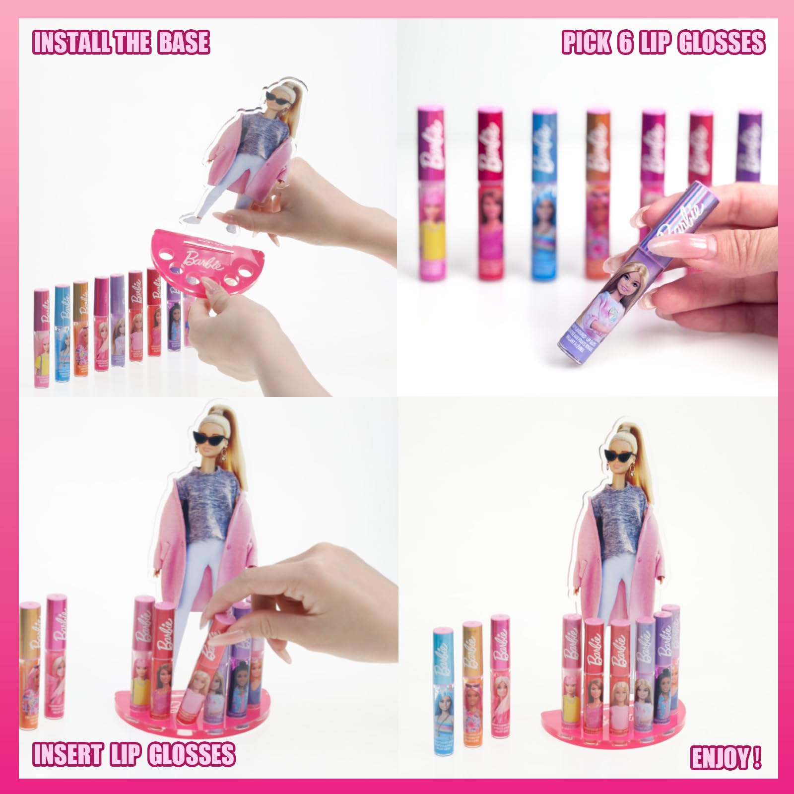 Barbie Lip Gloss with Acrylic Stand for Storage and Display, Plant Based Lip Gloss, Perfect for Parties, Sleepovers, Makeovers, Birthday Gift for Girls, Age 3+, by Townley Girl