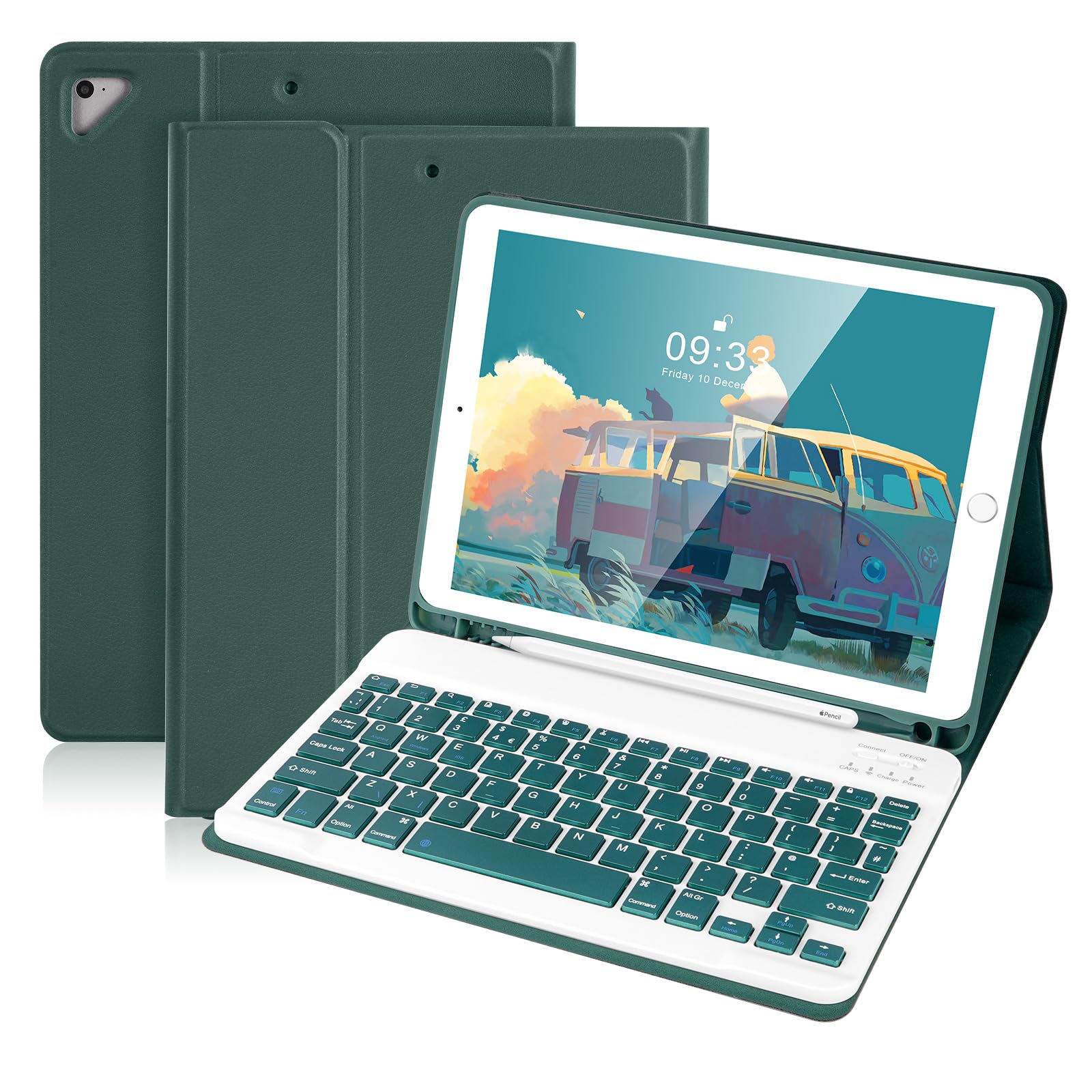 SOPPY Bluetooth Keyboard Case for iPad 6th/5th Gen (2017-2018), iPad Pro 9.7, iPad Air 1-2, Detachable Wireless Keyboard with Pencil Holder, Slim Protective Cover, USB-C Rechargeable, Deep Green