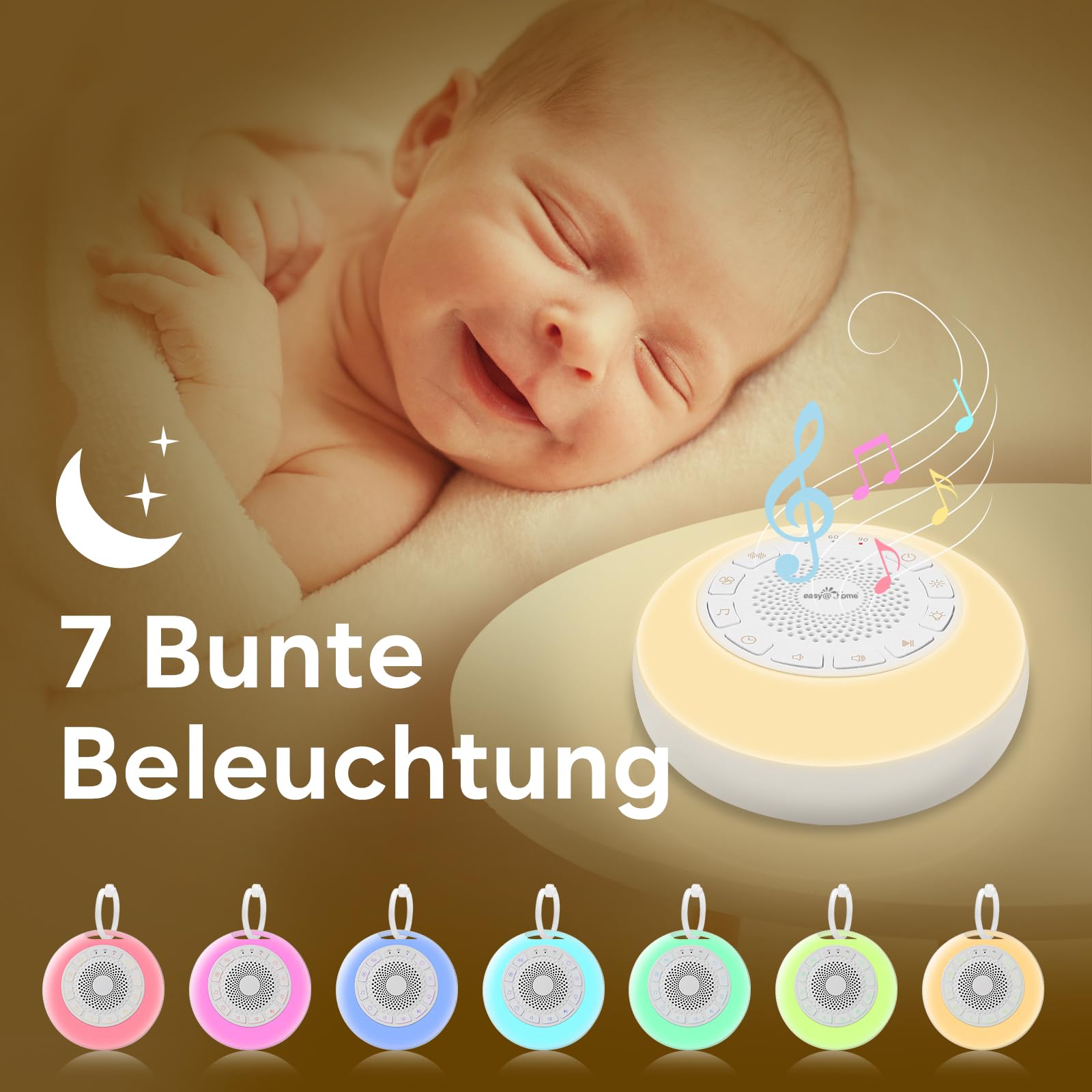 Easy@Home White Noise Machine: Tragbare Einschlafhilfe Babys mit weißem Rauschen | Nachtlicht | 26 Beruhigende Schlaflieder & Naturgeräusche | 3 Timer-Einstellungen | 7 Bunte Beleuchtung & USB 3