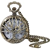 Vintage Tree of Life Hollow Bronze Pocket Watch Quartz Arabic Markers Carved Men and Women Watches with Necklace Chain Pendan