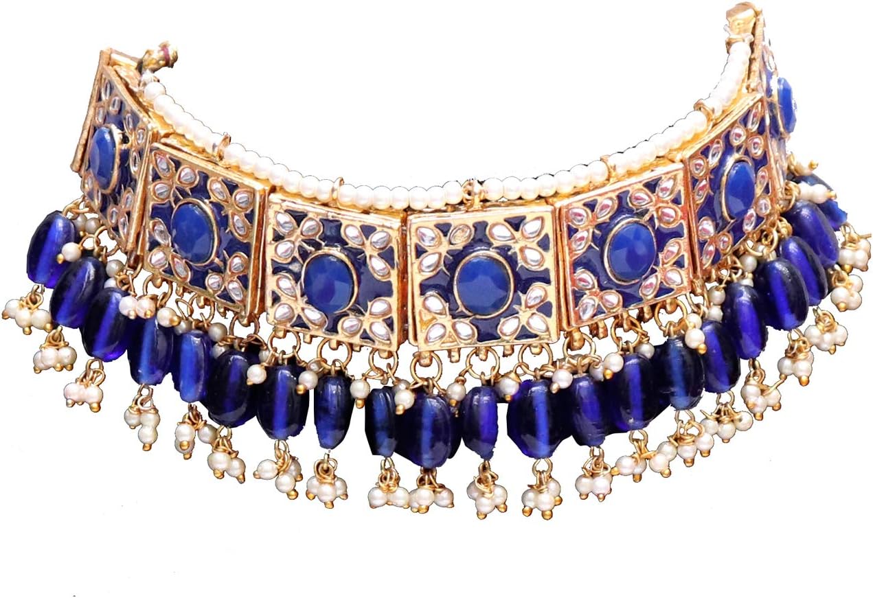 RAHMAN JEWELLERS Blue Kundan Gold Plated Choker Jewellery Earring Set for Women
