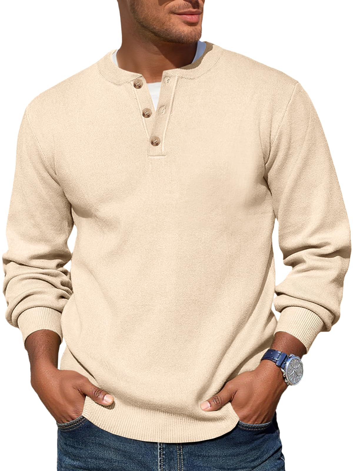 Photo 1 of ***(HEAVILY USED/ MINOR STAINS)***Runcati Mens Henley Knit Sweater Long Sleeve Quarter Button Pullover Sweaters Casual Fall Tops Beige