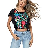 2025 Women's Embroidered Tops Boho Mexican Shirt Sexy Floral Ruffle Short Sleeve Backless Going Out Crop Tunics Top