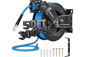 Relhost Retractable Air Hose Reel, 50 ft x 3/8 in Hybrid Air Hose Max 300PSI, Heavy Duty Air Compressor Hose Reel with Dual Arms, Auto Rewind, 180° Swivel Ceiling/Wall Mount for Garages, Workshops