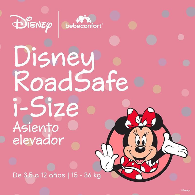 Disney RoadSafe i-Size, Asiento Elevador Coche Respaldo, 3,5-12 años (100-150 cm), Silla Coche Minnie Mouse, Instalación Cinturón Seguridad, 14 Posiciones Reposacabezas, Authentic Minnie