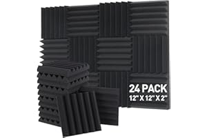 AUSLET Acoustic Foam Panels - 12 x 12 x 2 Inches Wedges Sound Proof Foam Panels 24 Pack High Density Foam Acoustic Treatment Fire Resistant Studio Foam (Black)