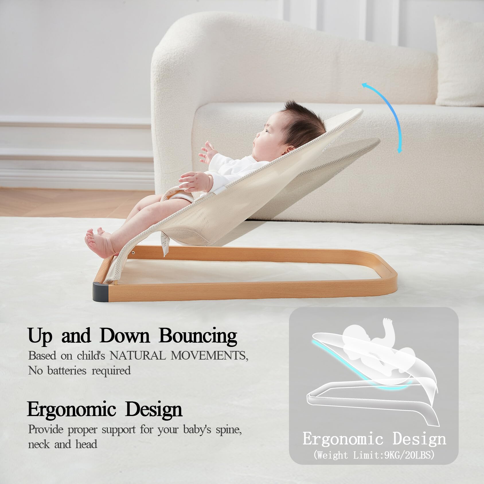 Baby Bouncer - Portable Bouncer Seat for Babies, Ergonomic Design Baby Bouncy Seats Infant with Mesh Fabric Natural Vibrations, Beige