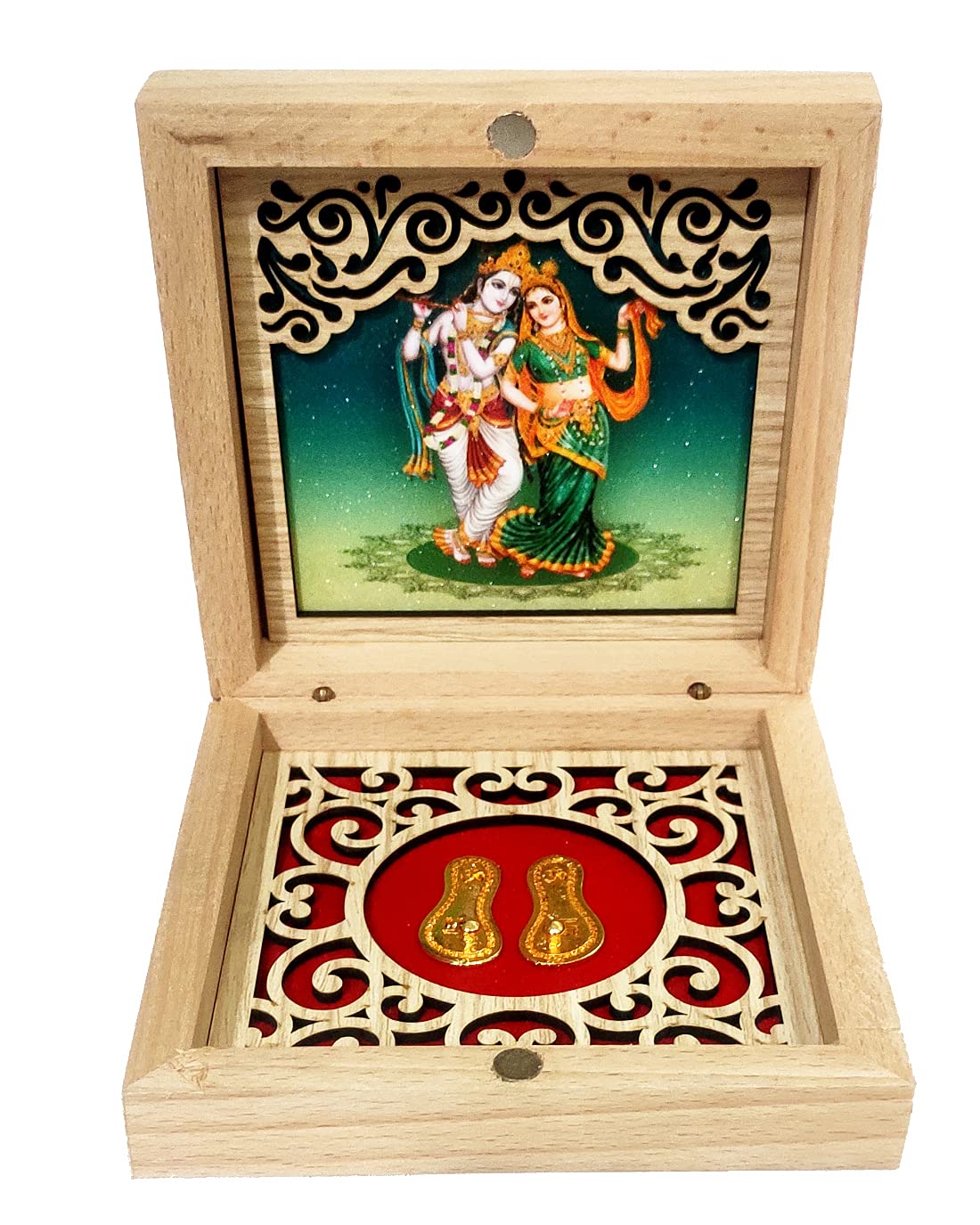 Purpledip Wooden Puja Statue: Radha Krishna Painting With Golden Feet Paduka In Decorative Box For Travel Or Gifting (12394A)