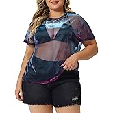 Agnes Orinda Plus Size Party Top for Women Sheer Mesh Holographic See Through Sexy Tops Blouse
