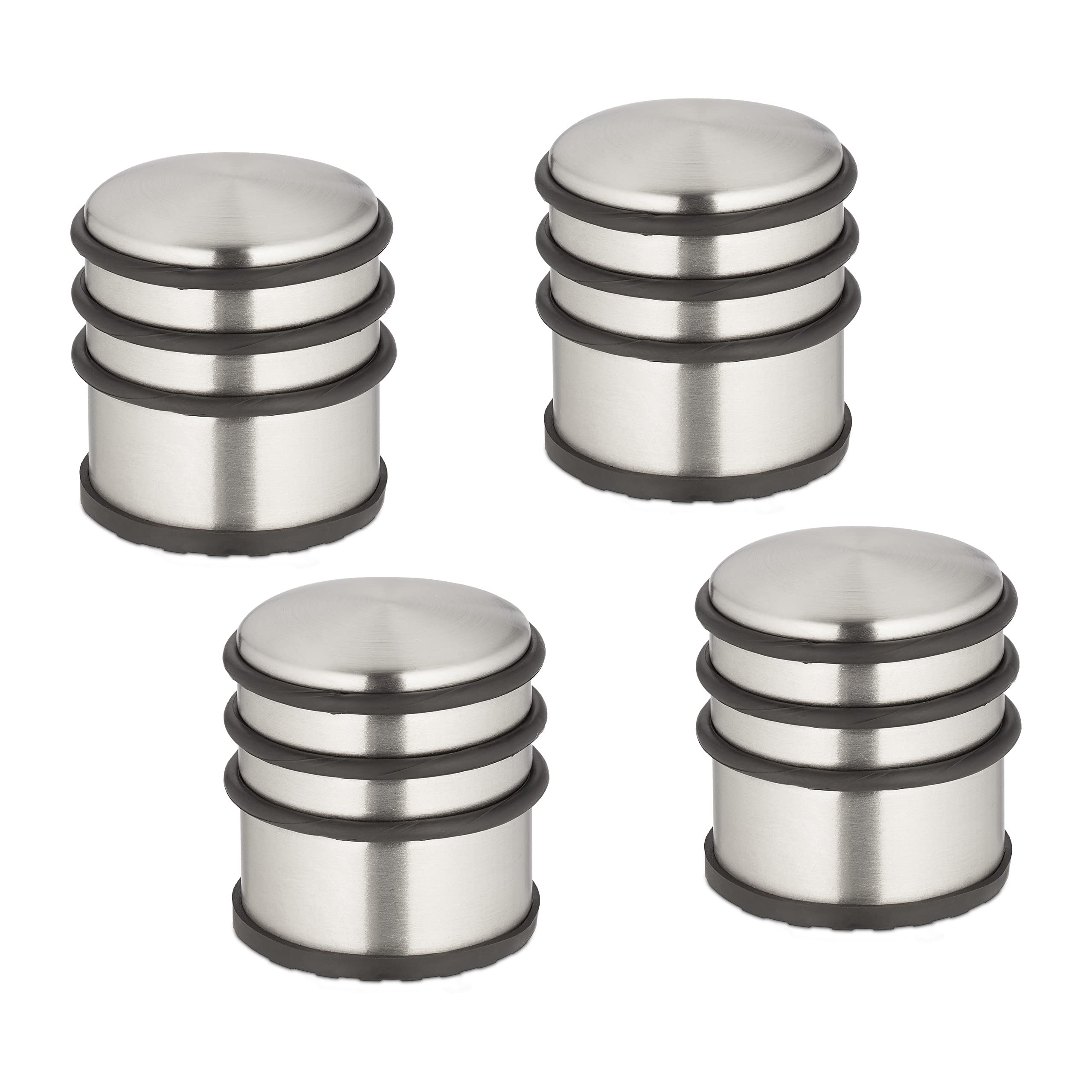 Relaxdays Set of 4 Door Bumpers, Stainless Steel, HxØ: 7.5 x 7 cm, High & Heavy, Non-Slip, Slamming Brakes, Silver/Black