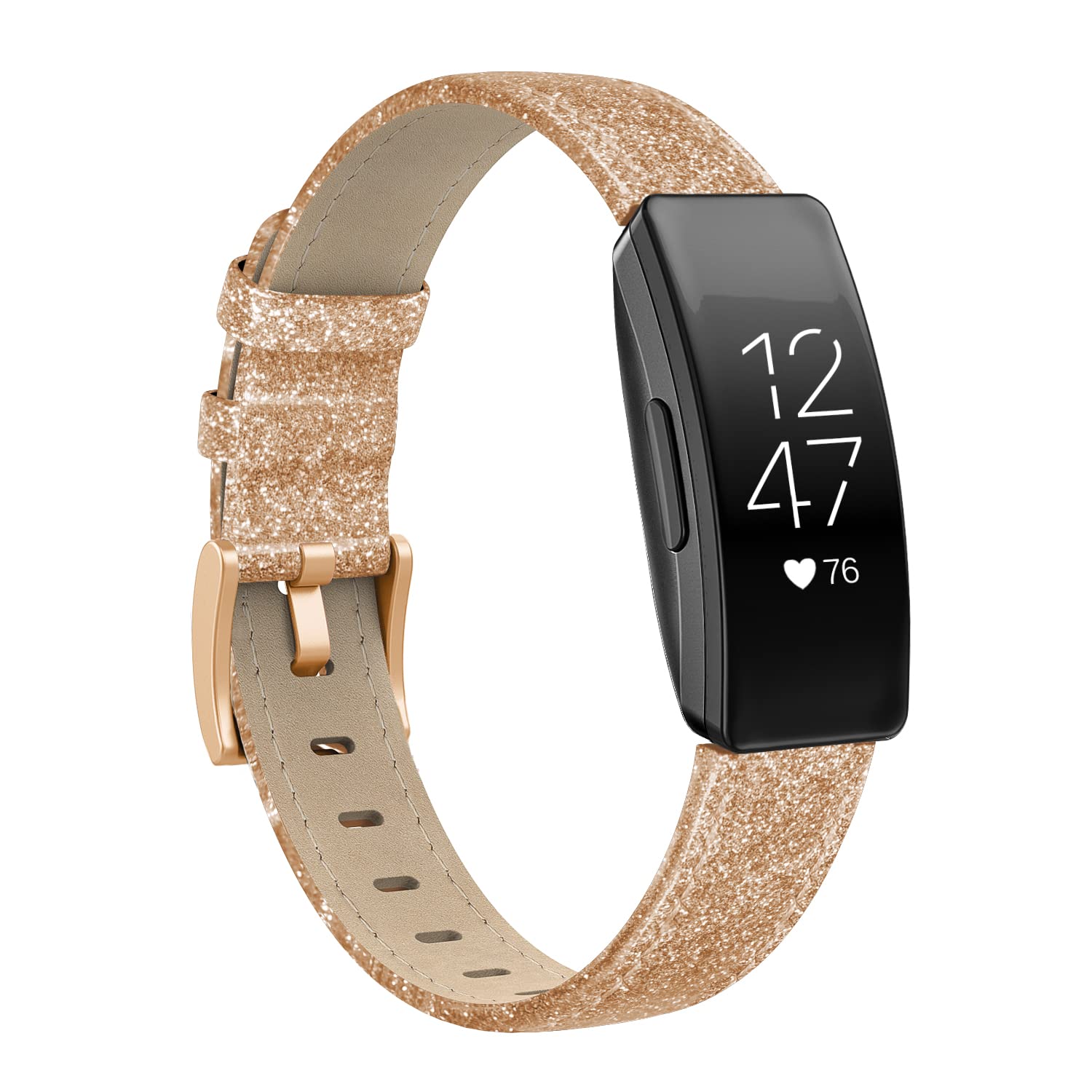 Tuocal Genuine Leather Strap Compatible With Fitbit Inspire, HR, and 2 - Replacement Sport Wristband for Women and Men, Glitter Rosegold