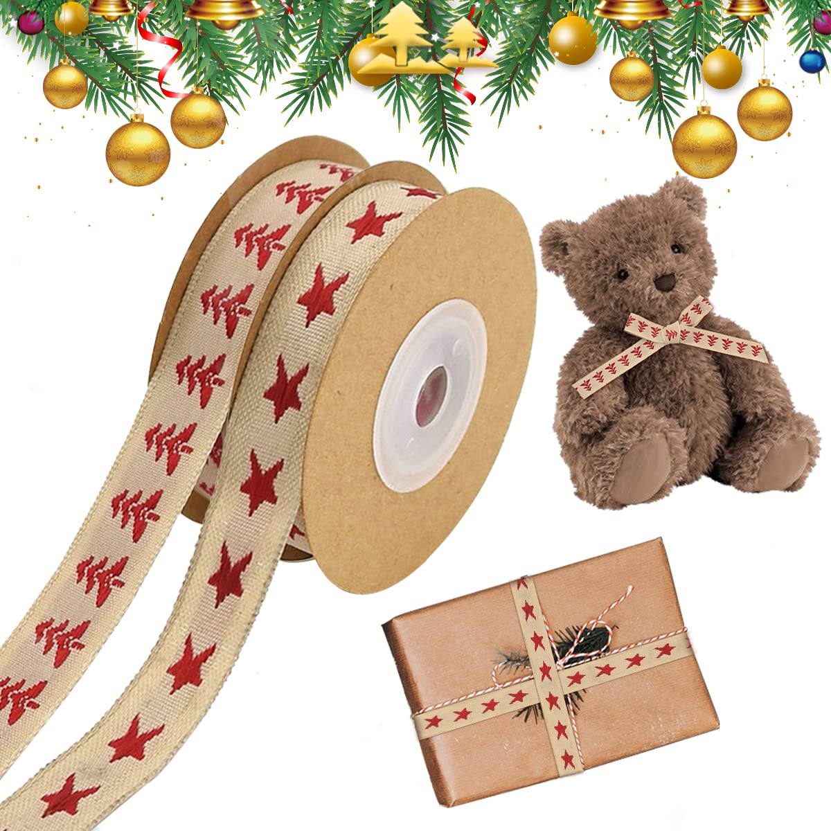 2 Rolls Christmas Ribbon, 9.2M/10 Yd Brown Xmas Gift Wrapping Ribbon Christmas Tree Star Ribbon Tape for Gift Wrapping Crafts Christmas giftchristmas Gift Xmas Tree Cakes Bows Decor