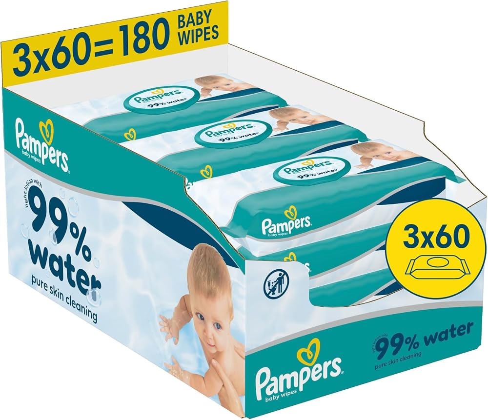 Pampers 99% Water Baby Wipes Plastic Free 3 Packs of 60 Light Lotion