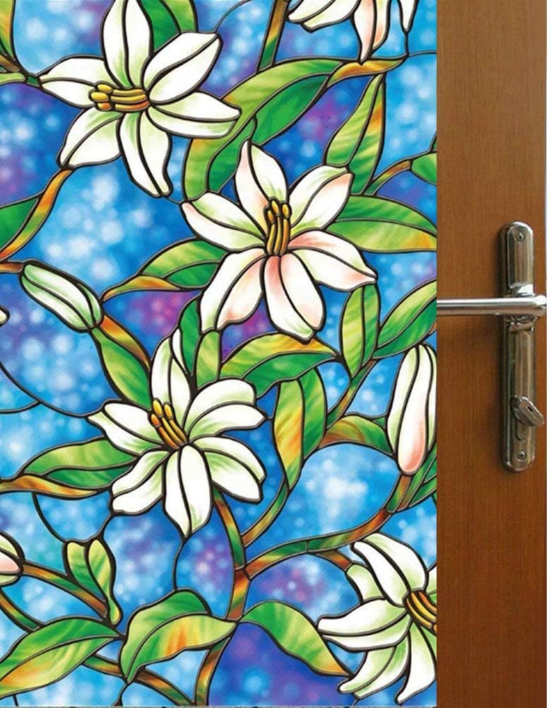 Vakker Bahay Designer Bule Green Orchid Flower Static Window Film No Adhesive Decorative Stained Removable Window Privacy Clings Film for Home Office Bedroom,17.7 x 78.7 Inches(45CM by 200CM)