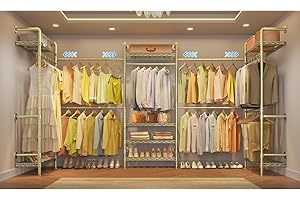 Timate U5 Expandable Wall Mounted Clothes Rack, Walk in Closet, Heavy Duty Industrial Pipe Clothing Rack with 4 Expandable Hanger Rods & 8 Adjustable Shelves, Fits Spaces 8'- 10', Gold
