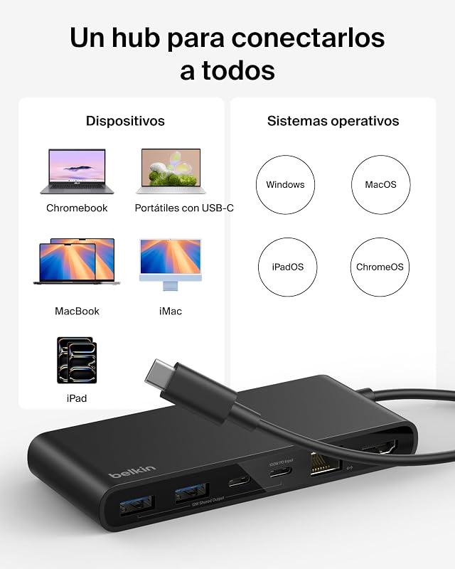 Connect Hub USB C de 8 Puertos, Adaptador USB C con Vídeo con Resolución 4K a 60 Hz, para Mac, Windows y Chromebook, Power Delivery a 100 W, Transferencias de 10 Gbps y 2.5Gbps Ethernet - Negro