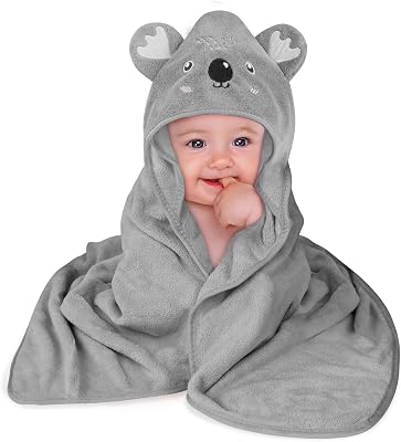Kapuzenhandtuch Baby, 80 x 80 cm, Baby Badetuch Set, Babyhandtuch mit Kapuze, Bademantel aus Korallenvliesfür, Kapuzenbadetuch für Neugeborene und Säuglinge, Grau