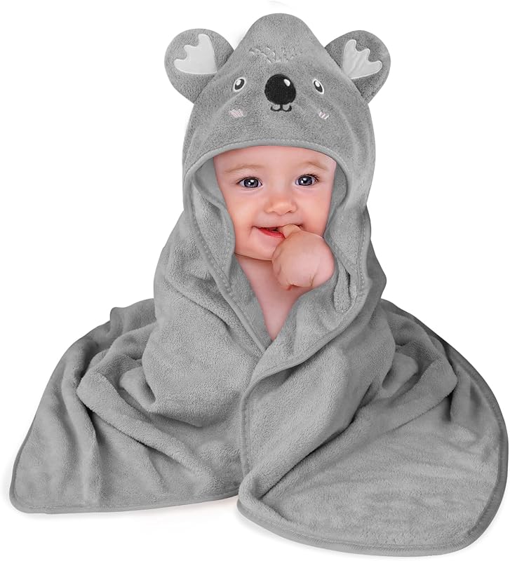 Cape de Bain Bébé à Capuche, Sortie de Bain Bébé Super Absorbante, 80 x 80cm Peluche De Corail De Haute Qualité, Serviettes de Bain pour bébé 0-3 Ans, Idée Cadeau Naissance Bébé(Gris)