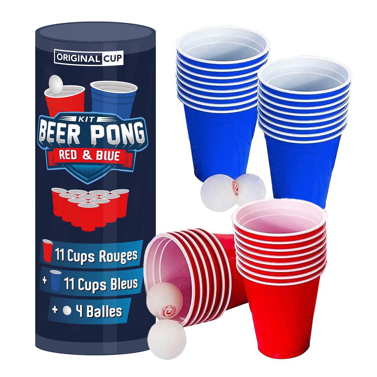 Original Official Beer Pong Kit | Set of Cups + Beer Pong Balls | Premium Quality | 22 Cups (11 Red & 11 Blue) | 4 Balls | Reusable | Drinking Game | Party & Aperitif Game | OriginalCup®